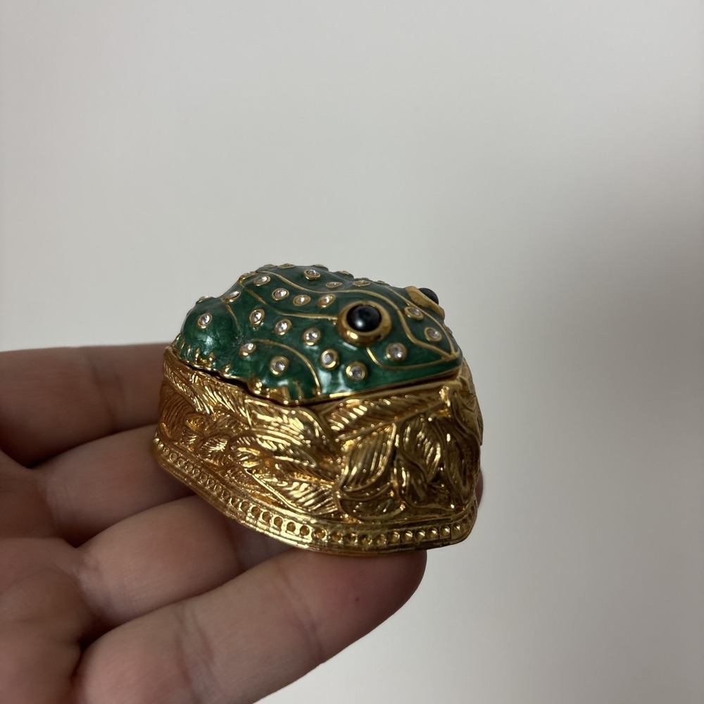 Edgar Berebi Vintage Trinket Box Frog Brooch Green Enamel Brushed Gold Rhineston